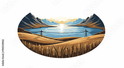 Stylized landscape with golden wheat fields leading to a calm lake between mountains