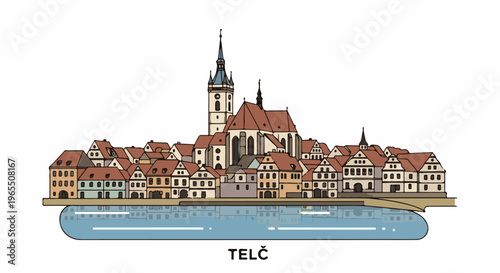 Stylized illustration of European town square with church and river reflection