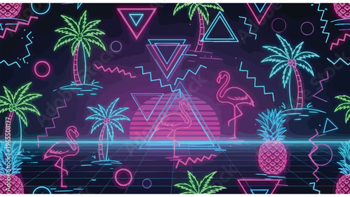 Neon Retro Tropical Pattern Background for 80s Party Decor, Website Design, or Product Packaging