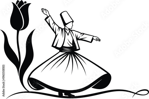 Whirling dervish in black line with tulip flower background silhouette