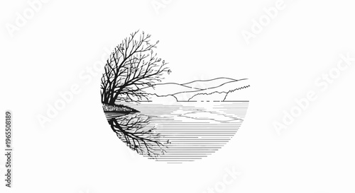 Stylized linework illustration of a bare tree, lake, and distant hills within a circle