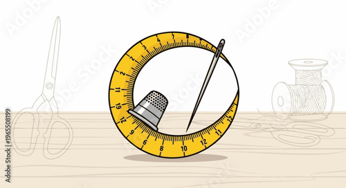 Sewing tools arranged creatively on a wooden surface