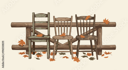 Three wooden chairs with fallen leaves in front of a rustic wooden fence
