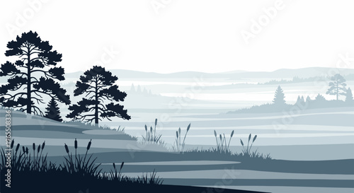 Serene misty landscape with silhouette pine trees and water reeds