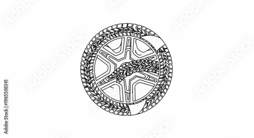 Circular design featuring tire tread pattern and inner spokes