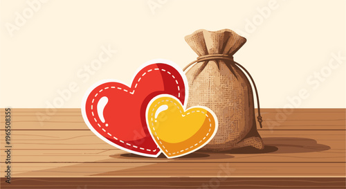 Two heart shapes and a tied sack on a wooden surface against a cream background