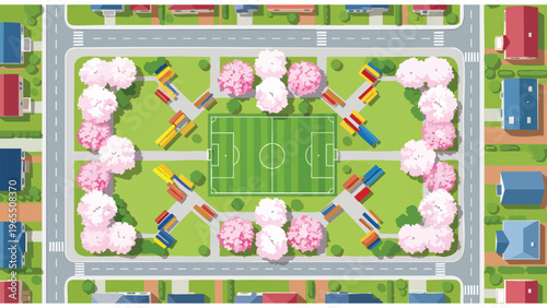 Overhead View of Urban Park with Soccer Field, Playground, Cherry Blossoms & Houses