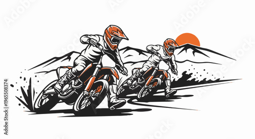 Two motocross riders race against a mountain backdrop at sunset