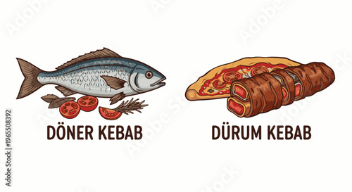 Two popular Turkish dishes whole fish with tomatoes and a rolled meat wrap with pizza
