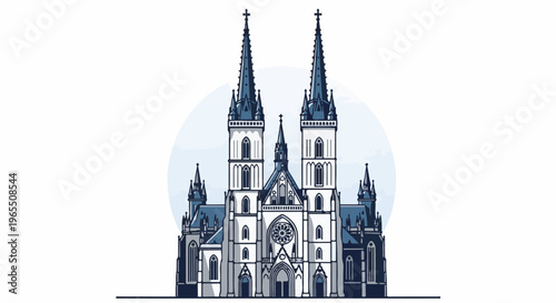 Striking gothic cathedral with twin spires and ornate facade, set against blue circle