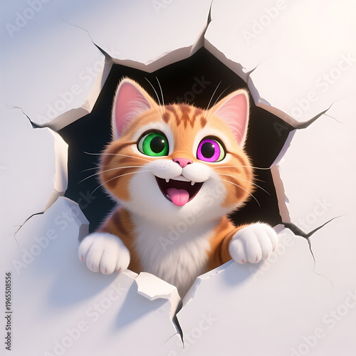 Playful cartoon cat peeking through cracked wall, vibrant green and purple eyes, happy expression, playful kitty, anthropomorphic animal, cute pet character.