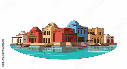 Colorful buildings on a waterfront with boats and reflections