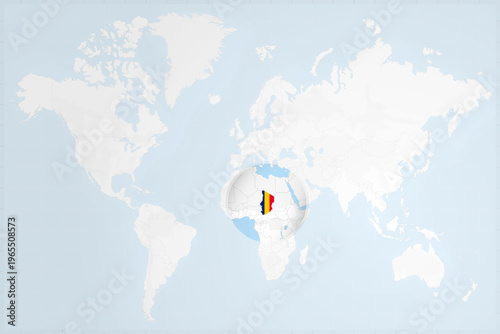 Chad Map with Flag in Magnifying Glass on World Map Background
