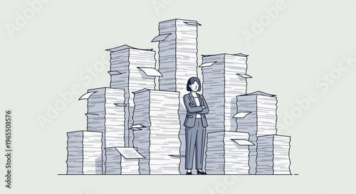 Confident businesswoman stands arms crossed amidst towering stacks of papers