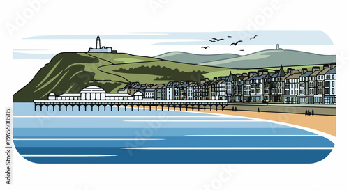 Seaside town with pier, lighthouse, beach, and rolling hills under a cloudy sky