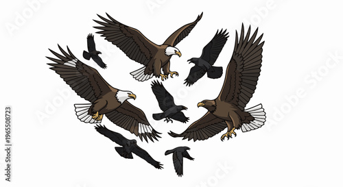 Diverse eagles and crows soaring in an artful formation, pixelated