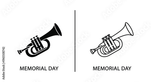 Memorial Day trumpets, black line art icons, simple bugle illustrations, patriotic symbols