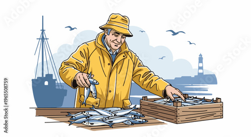 Fisherman in yellow coat sorts catch of silver fish near a dock