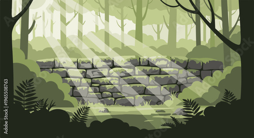 Sunbeams pierce an overgrown ancient stone wall in a mossy forest