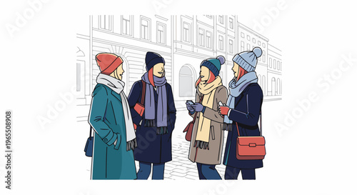 Four people stand on a cobblestone street, chatting warmly on a cold day