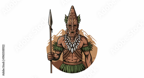 Tribal warrior with spear and mask stands against mountain backdrop