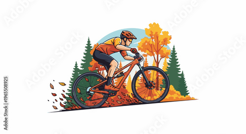 Mountain biker rides through an autumn forest with falling leaves