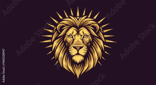 Golden lion with radiating spikes on a dark background