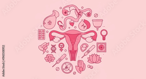 Medical illustration of the female reproductive system and related health items
