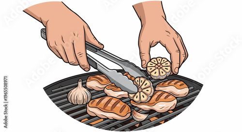 Hands using tongs to grill seasoned meat and garlic on a barbecue