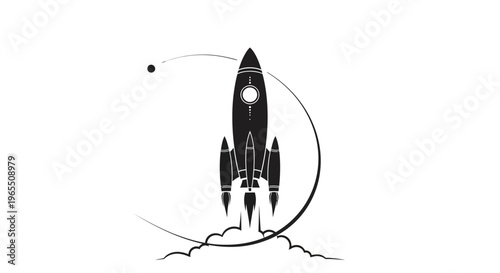 Black and white rocket ship launching.