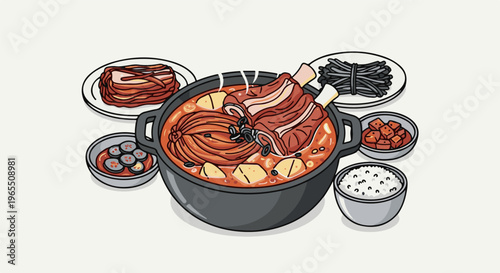 Hearty stew with meat, kimchi, rice, and assorted side dishes