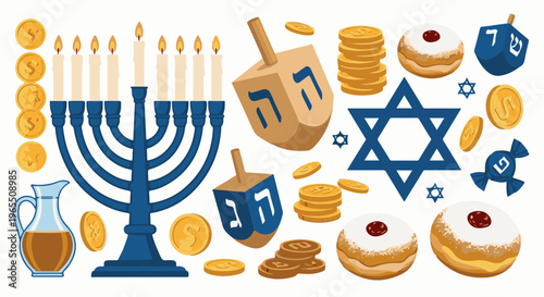 Hanukkah celebration symbols menorah, dreidels, coins, donuts, candy, and Stars of David