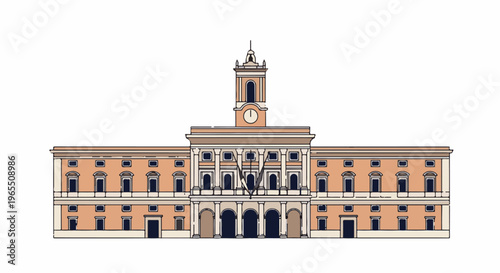 Grand building with arched entrances, a clock tower, and symmetrical facade