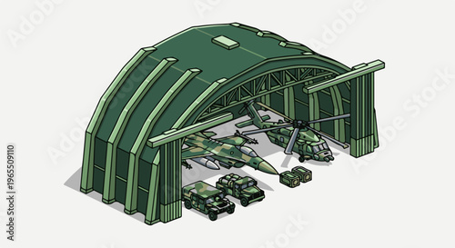 Military aircraft and vehicles inside a camouflaged hangar
