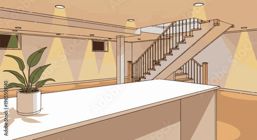 Interior view of a hallway with a staircase, plants, and bright lighting