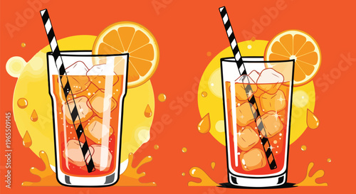 Retro pop art iced tea vector illustration, refreshing orange soda with ice cubes and straw, summer citrus cocktail drink graphics