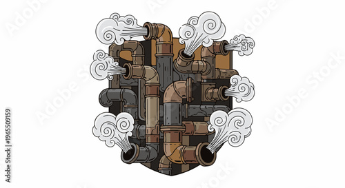 Intricate network of pipes emitting clouds of steam, in a steampunk style