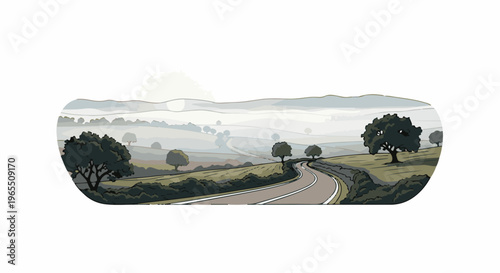 Winding road through rolling hills and trees in soft, hazy light