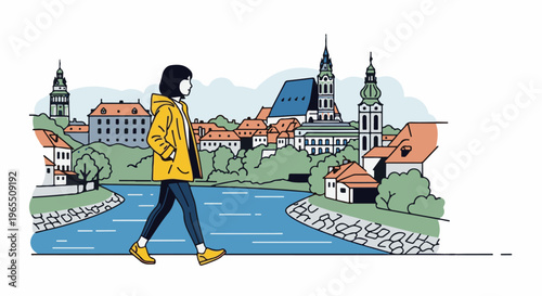 Woman in yellow jacket walks along river with historic European town backdrop
