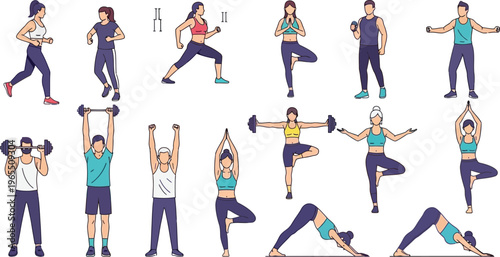 Active adults perform various yoga poses and strength training exercises.