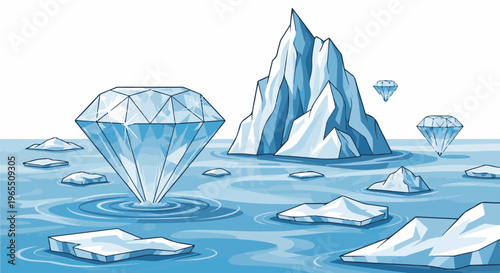 Giant diamond and icebergs floating in serene blue water