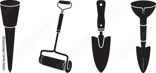 Collection of Essential Gardening Tools Vector Illustration: Dibber, Hoe, Trowel, and Shovel Si