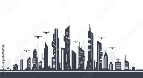 City Skyline with Skyscrapers and Planes.