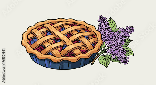 Freshly baked berry pie with a lattice crust and lilac blossoms