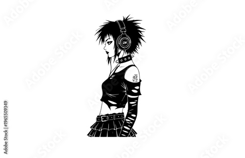 Y2K Mall Goth Girl with Headphones Silhouette, Cyber Goth Alternative Vector Sticker, Edgy 90s Nostalgia Manga Illustration