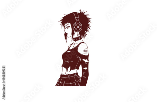 Y2K Mall Goth Girl with Headphones Silhouette, Cyber Goth Alternative Vector Sticker, Edgy 90s Nostalgia Manga Illustration