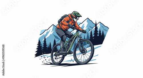 Mountain biker speeding downhill through trees and snow-capped peaks