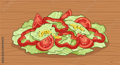 Fresh salad with lettuce, tomatoes, and red bell pepper on wood
