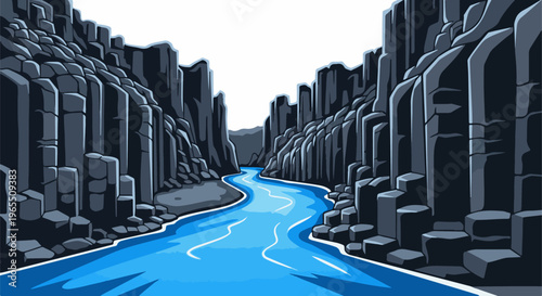 Pixel art of a blue river flowing through a dark canyon with columnar rocks
