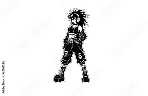 Y2K Mall Goth Girl with Headphones Silhouette, Cyber Goth Alternative Vector Sticker, Edgy 90s Nostalgia Manga Illustration